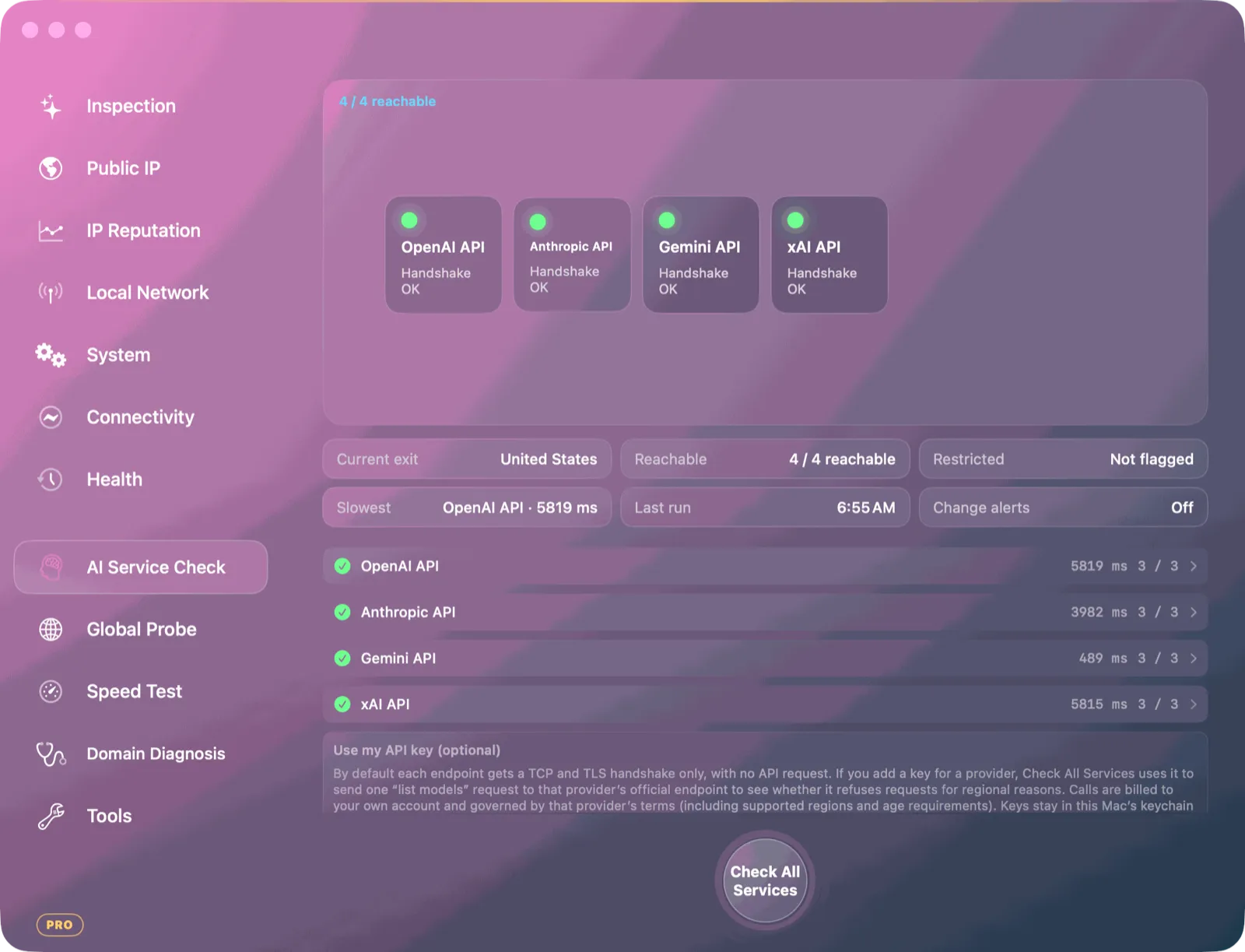 AI Service Check showing four AI APIs reachable
