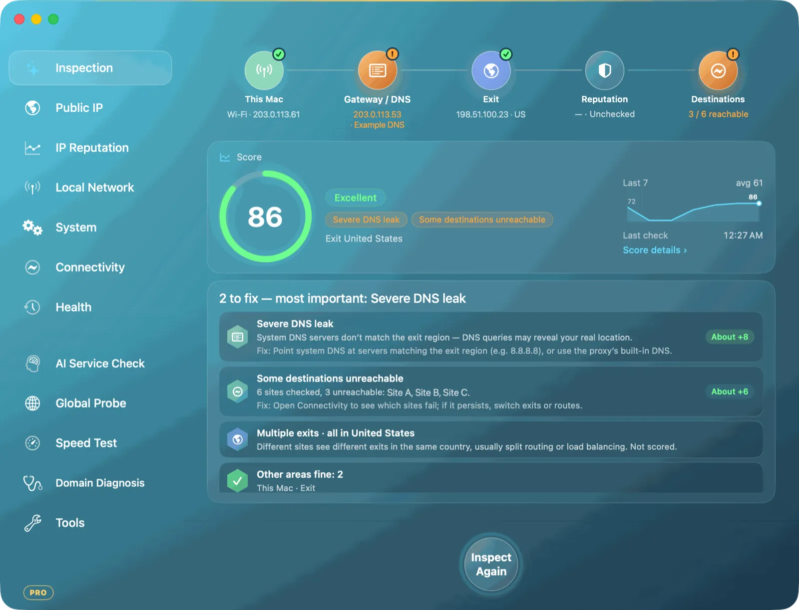 Netlink diagnostics window with a network score of 86
